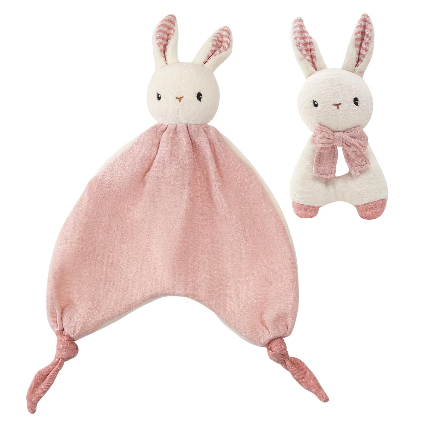 CUDDLE CORNER Organic Cotton Stuffed Animal Rattle Baby Toys, Plush Bunny Cuddle Cloth and Hand Grip Ring Rattles Plush Toy Set 