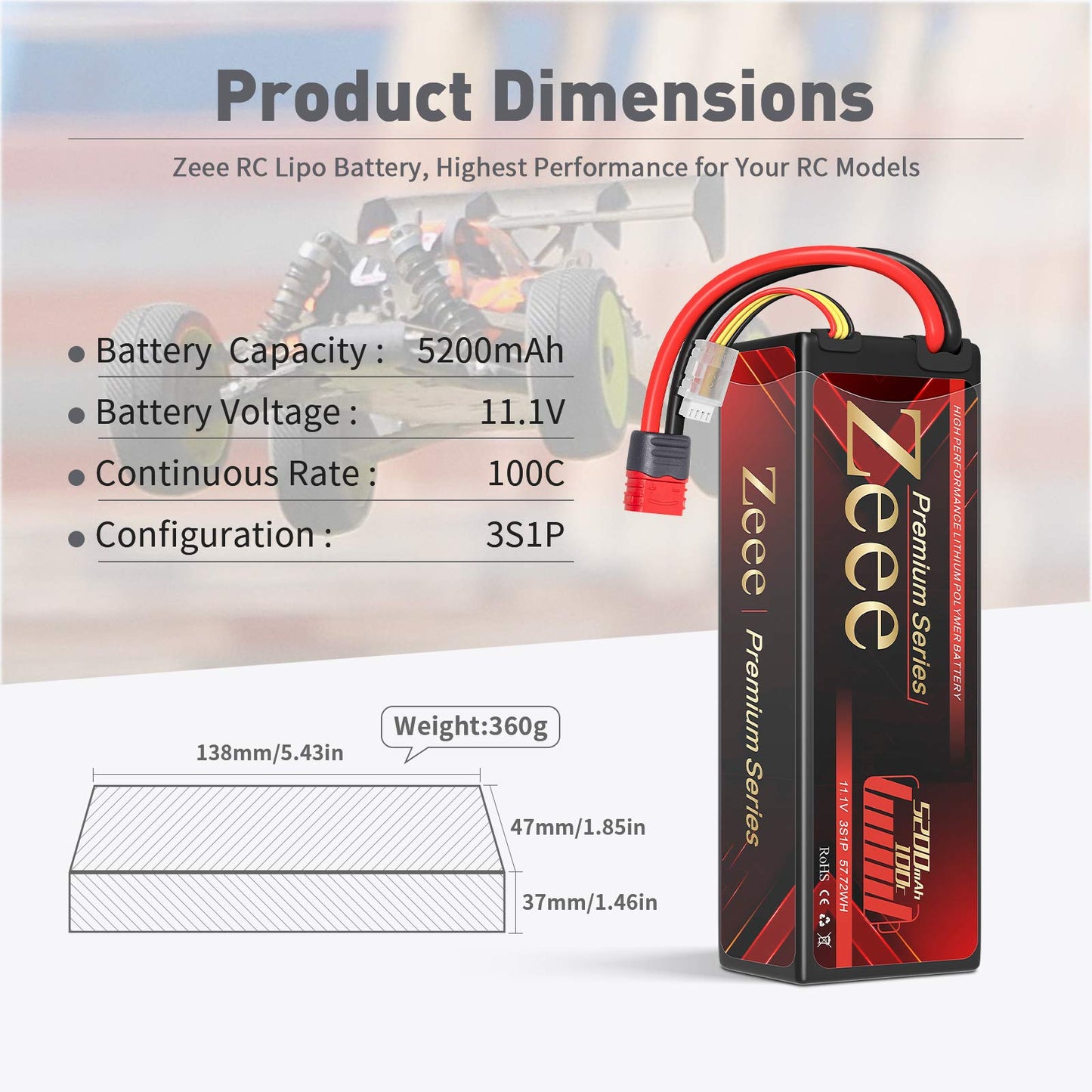 Zeee Premium Series 3S Lipo Battery 11.1V 100C 5200mAh Hard Case Battery with Deans T Connector for RC Car Boat Truck Helicopter