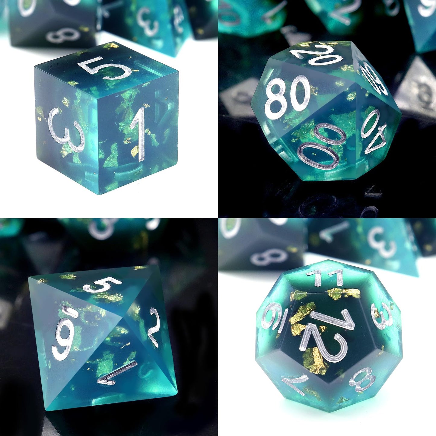 PJOY DND Sharp Edged Dice Set, 7pcs Blue and Black Resin DND Dice Set D&D Polyhedral Dice with Dice Case for Role Playing Dice G