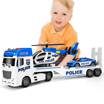 Zhfuys 25.6'' Semi Truck Toy, Big Truck Toy With Police Car And Helicopter, Police Toys With Sounds & Lights, Great Gift For 3+Y