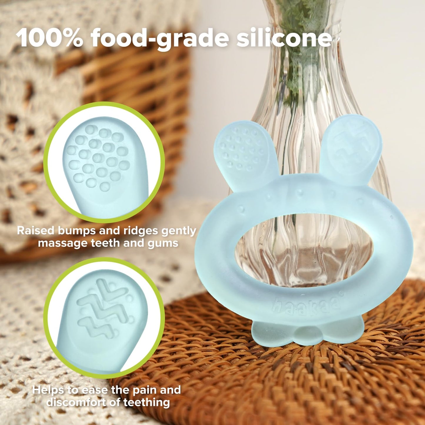 Haakaa Silicone Baby Teether - Rabbit Ear Frozen Teething Toy For Babies 3-6 Months- Cold Teething Relief - Bpa Free Silicone -B