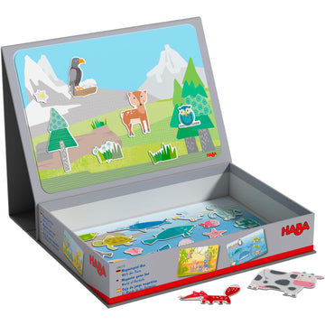 HABA Magnetic Game Box World of Animals in Their Habitats - 62 Magnetic Pieces in Cardboard Carrying Case with 4 Background Scen