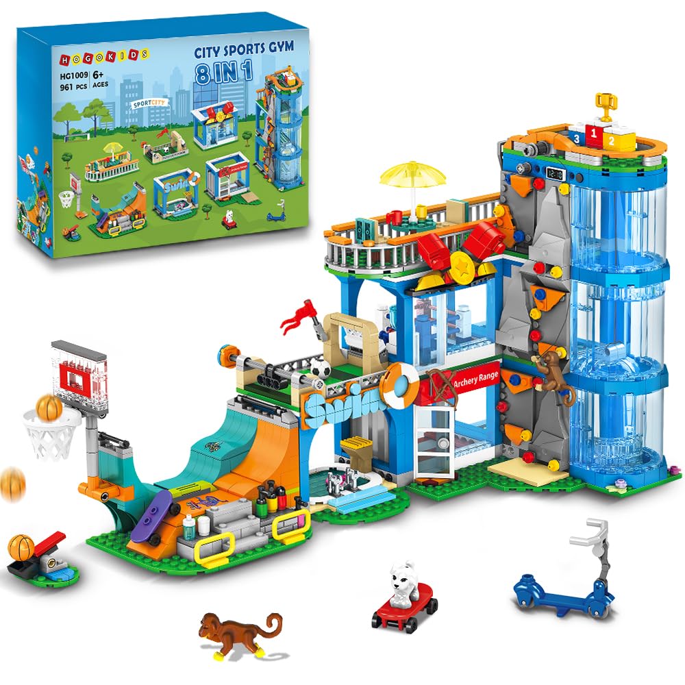 Hogokids City Sports Gym Building Set - 8 In 1 Friend Sports Center Football Basketball Climbing Swimming Boxing Shooting Skateboard Building Block Kit Games Toy Birthday Gift For Kids Girls Boys 6+
