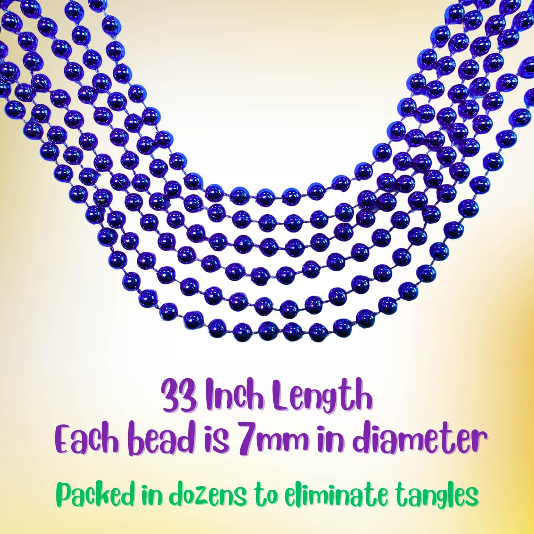 Mardi Gras Beads 33 inch 7mm, 12 Dozen, 144 Pieces, Royal Blue Necklaces with Doubloon