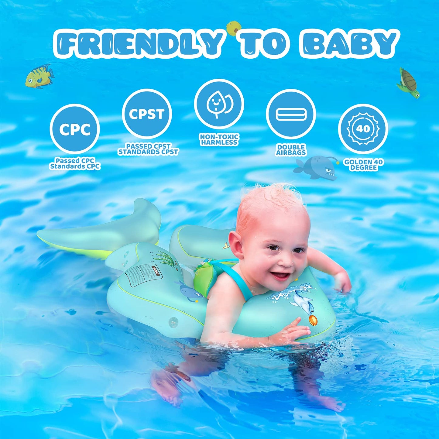 No Flip Over Baby Pool Float With Canopy Upf50+ Sun Protection, Inflatable Float With Sponge Safety Support Bottom, Fun Gifts Water Toys Accessories Baby Swim Floats For Pool 3-36 Months