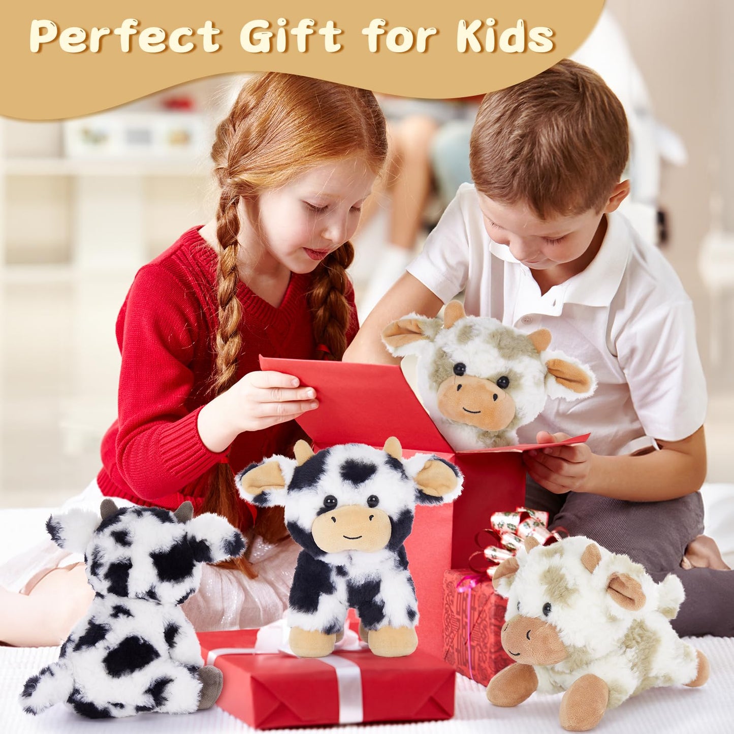 Muiteiur 4 Pcs Cow Stuffed Animals, 10 Inch Soft Cow Plush Toys, Cute Stuffed Cow Dolls For Kids Girls Boys,Gift For Christmas B