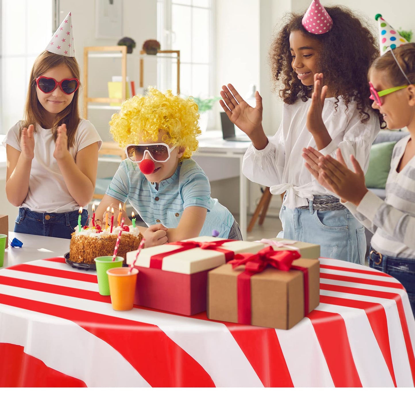 Tatuo 6 Pcs Red and White Round Circus Table Cloth 84 Inch Carnival Circus Tablecloths Striped Disposable Plastic Table Cover fo