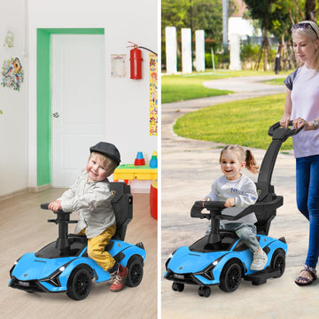 Infans 3 In 1 Ride On Push Car, Licensed Lamborghini Baby Stroller Sliding Walking Car With Parent Control Handle, Music, Usb, Headlight, Under Seat Storage, Foot-To-Floor Toy For 18-60 Months (Blue)