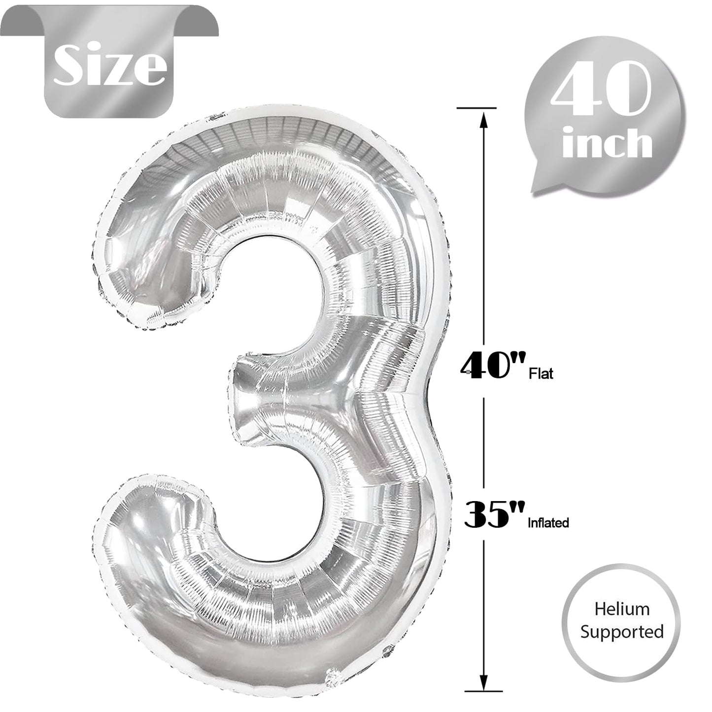 Silver 3 Balloon, Number Balloons 40 Inch, 3Rd Birthday Decorations For Kids Girls Boys, Men Women Silver Party Supplies For Par