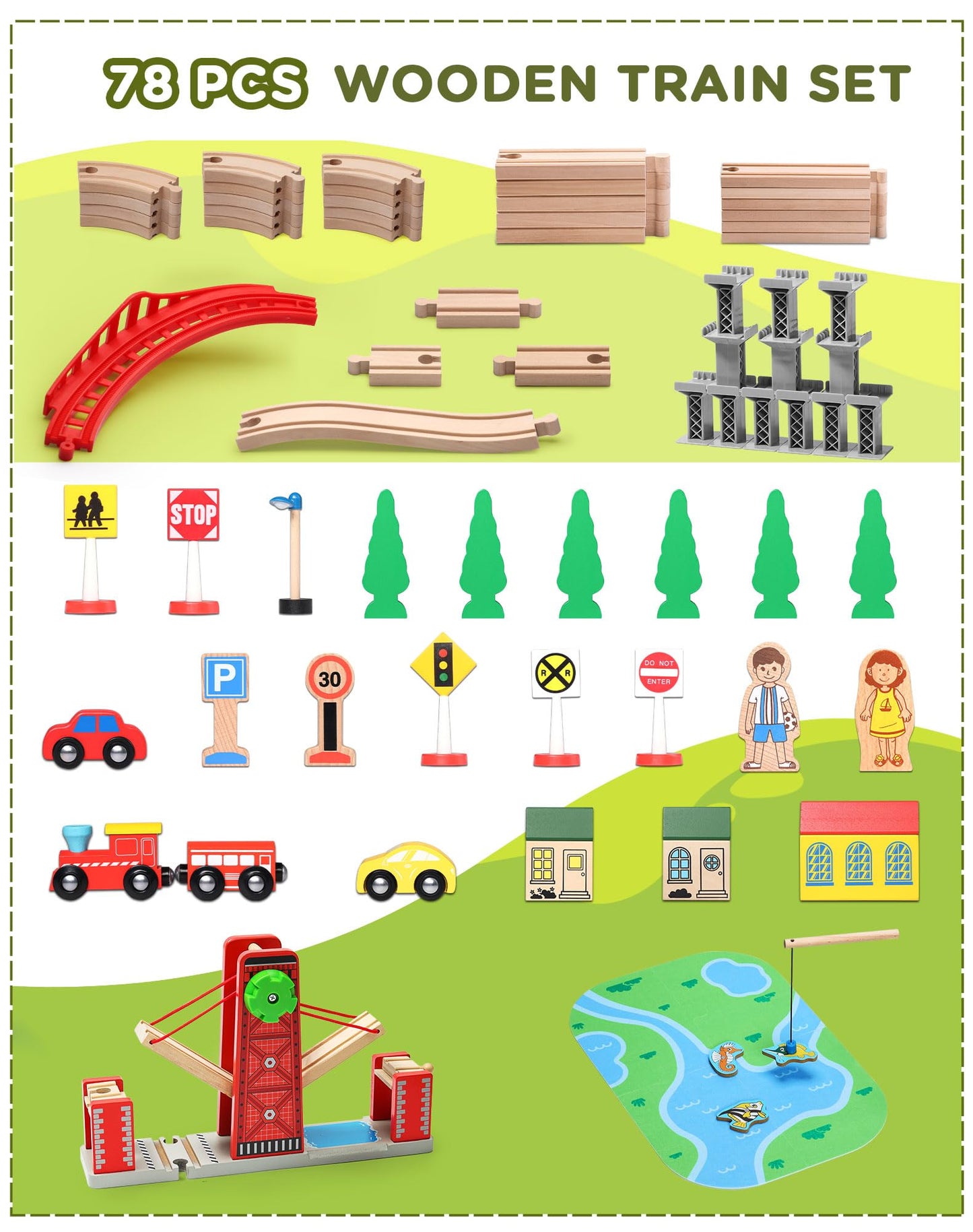 Sainsmart Jr. Wooden Train Set For Toddler, Double-Side Wood Train Track With 4 Trains Fits Brio, Thomas, Melissa And Doug, Toy Railway Kit For Kids Ages 3+