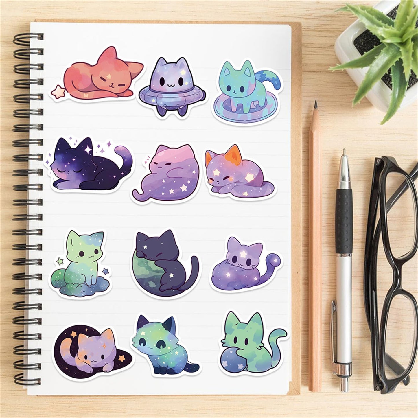 50Pcs Cartoon Rainbow Starry Sky Cat Stickers For Kids, Cartoon Theme Stickers, Vinyl Waterproof Stickers For Adults Funny Decals Stickers For Water Bottle Gifts Stuff For Computer Laptop (Cat)