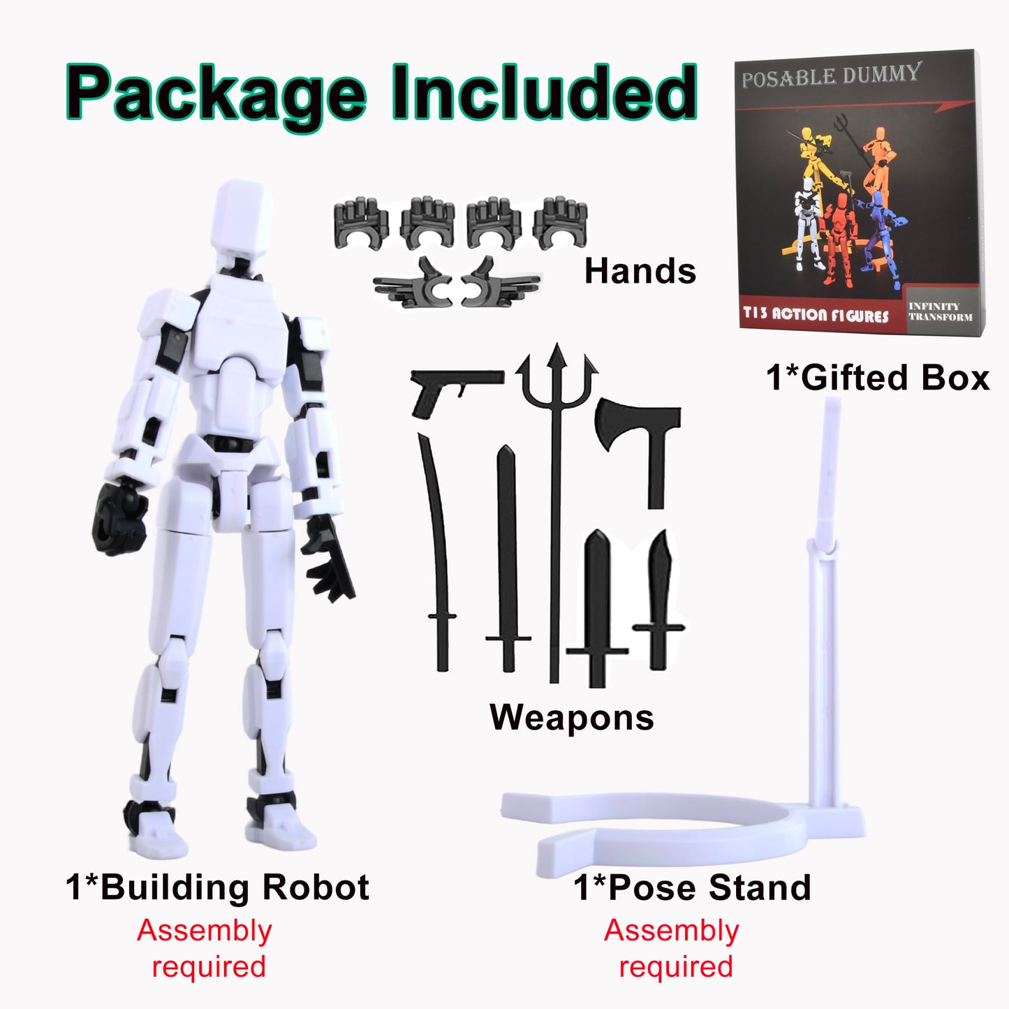 T-13 Action Figure with Pose Stand Anime Robot Building Toy Sets Lucky Puppet Joints for Boys Girls Men Women Multi-Jointed Moveable Dummy Desk Decoration Desktop Ornament for Game Lover White