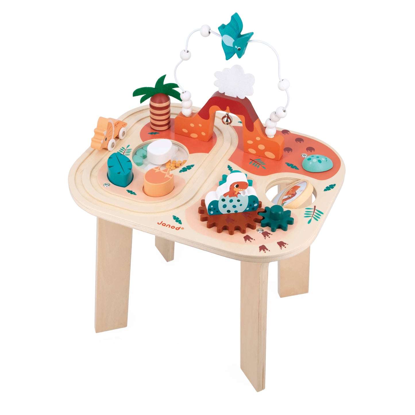 Janod Dino - Dinosaur Activity Table - 8 Activities In One - Includes Push Track, Stacking Toys, Bead Maze, And Gears - Ages 12 Months+ - J05825