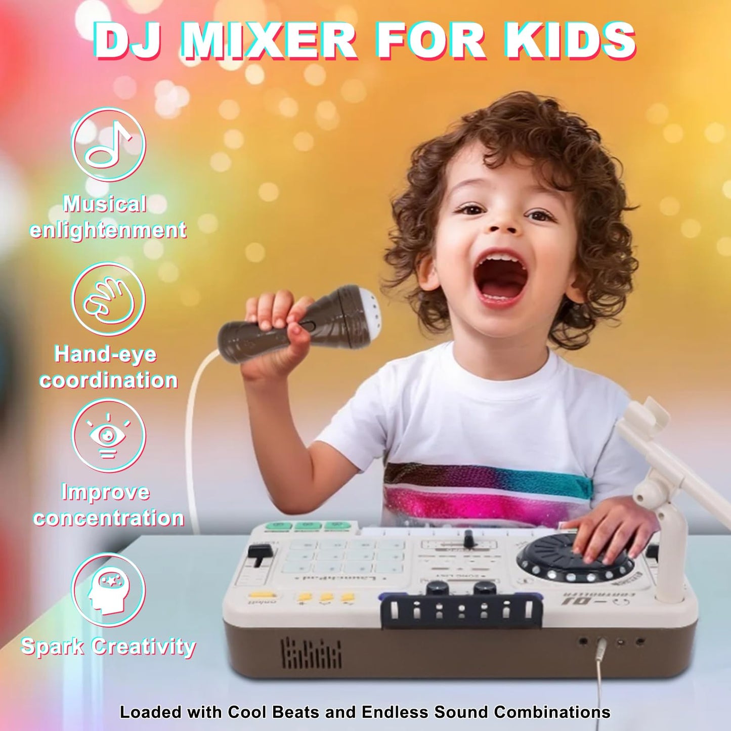 Magic4U Kids DJ Mixer, Toddler Rechargeable DJ Set with Lights, Sound Effect, Demo Songs and Reaction Music Games, Musical Toys