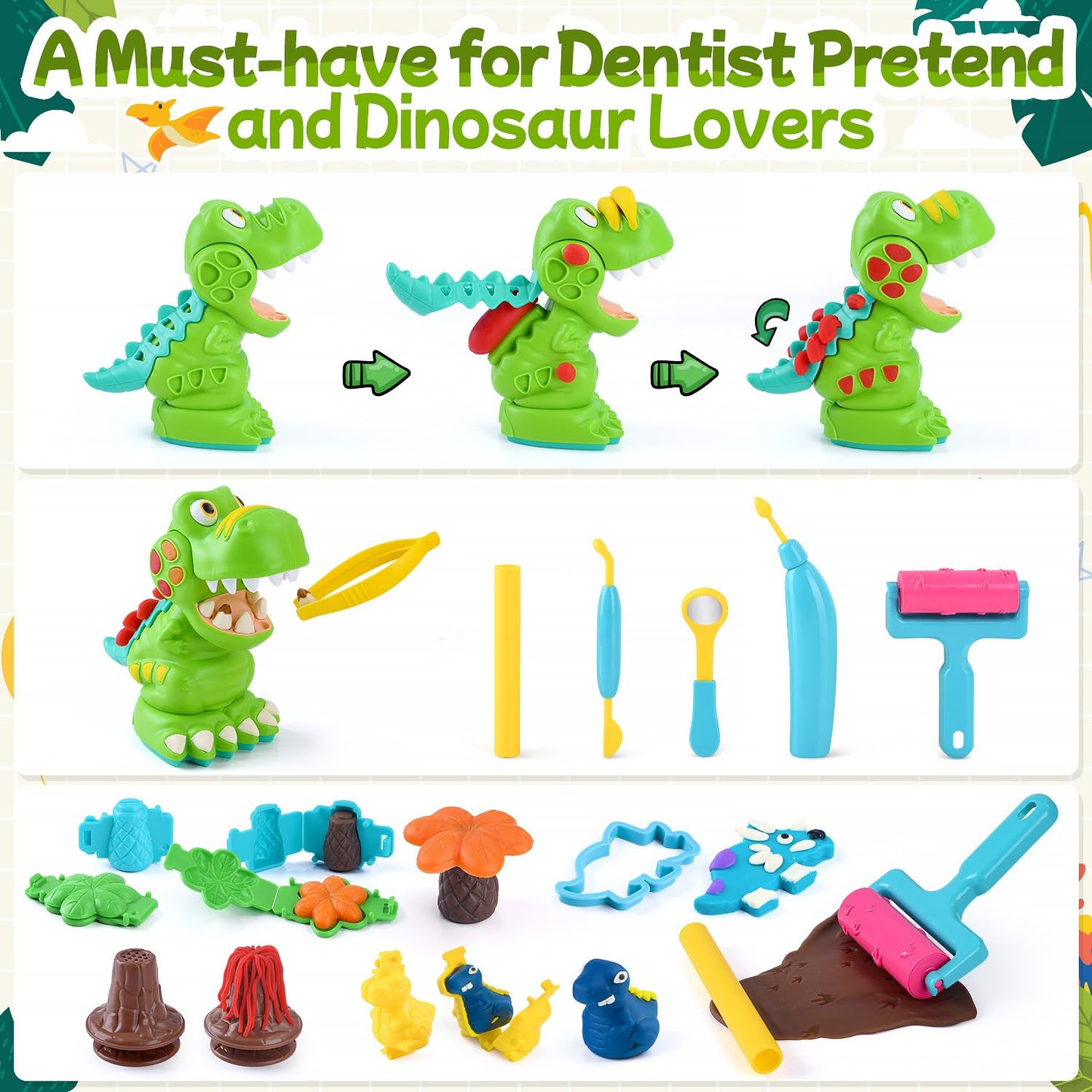 PLAY Dinosaur Clay Sets for Ages Kids 4-8 - Color Dough Toys with Dentist Play Set, 15 Dough Tool Set with Volcano, Dinosaur Foo