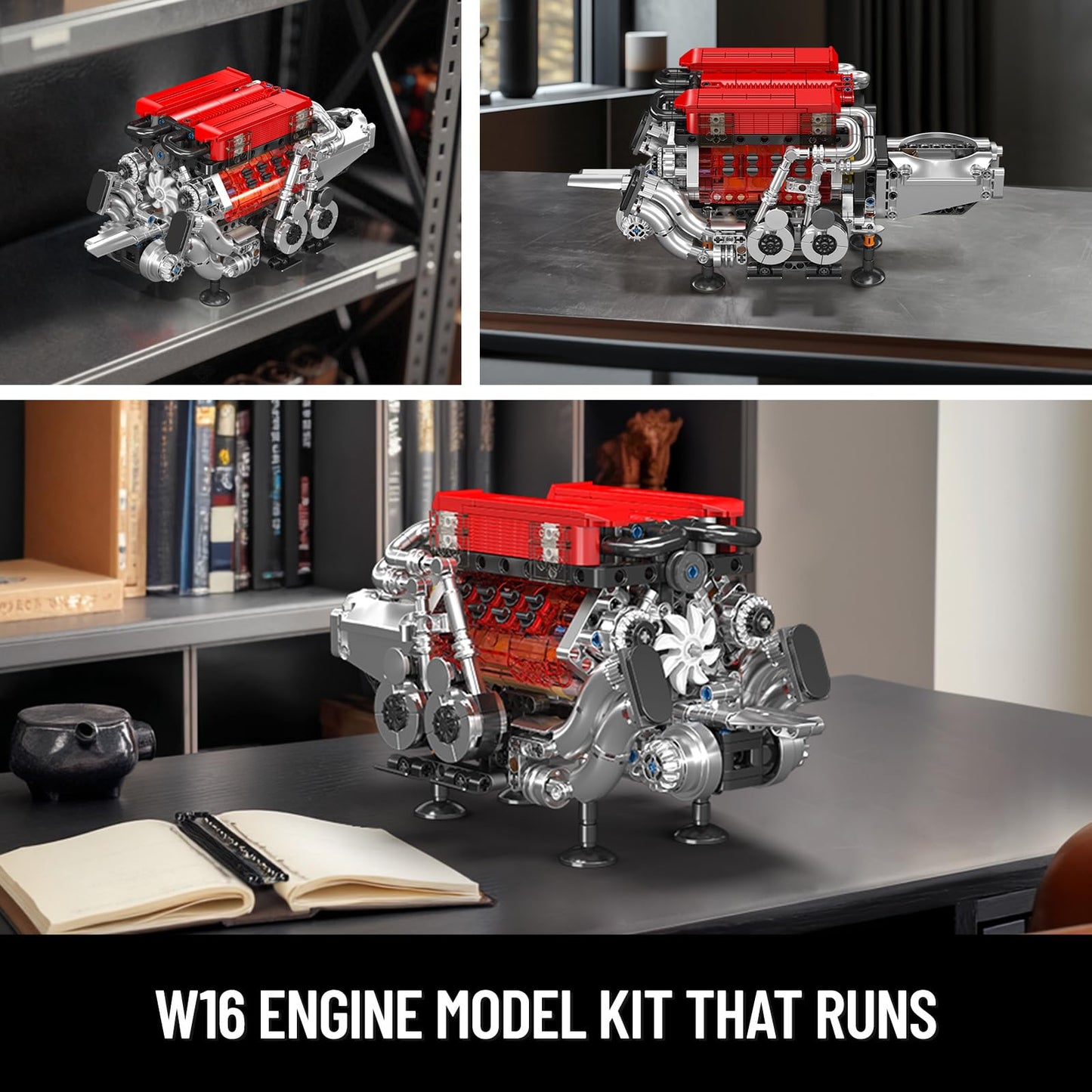 Mould King W16 Engine Building Blocks Set  10163 Combustion Engine Model That Runs  Mini Engine Build Kit for mature-themeds with Battery and Motor  Engineering Construction STEM Toy for Boys Girl (952 Pcs)