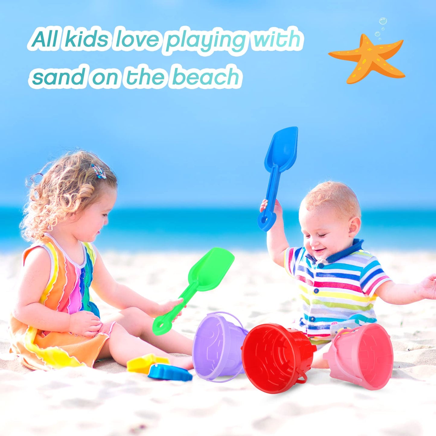 Didaey 65 Set 130 Pcs Beach Sand Buckets and Shovels, Include 65 Sand Pail Bucket 6 Colors with Castle Design Inside and 65 Shov