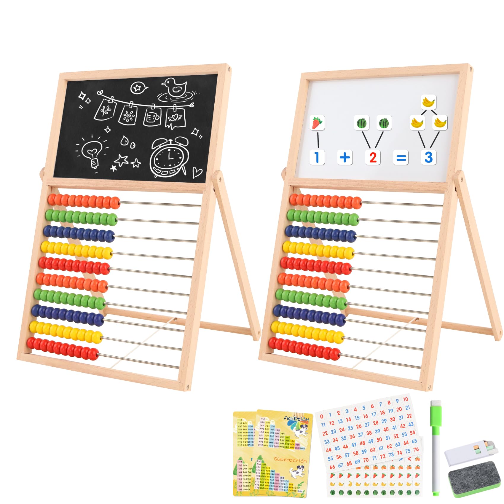 Ranqibo Wooden Abacus For Kids Math - Double-Sided Blackboard Whiteboard Magnetic Abacus For Toddlers 1-3 With 100 Magnetic Numb