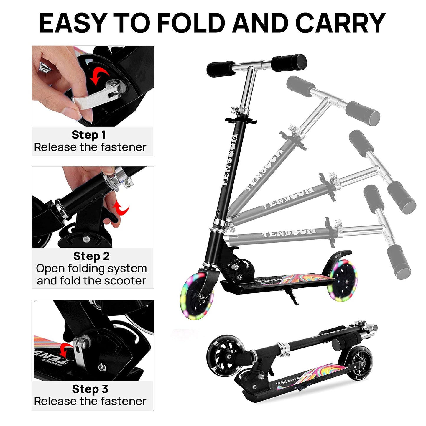 TENBOOM Kids Scooter, Light Up Wheels, Easy Folding, Adjustable Handlebar, Black, Ages 3-12, Aluminum Model