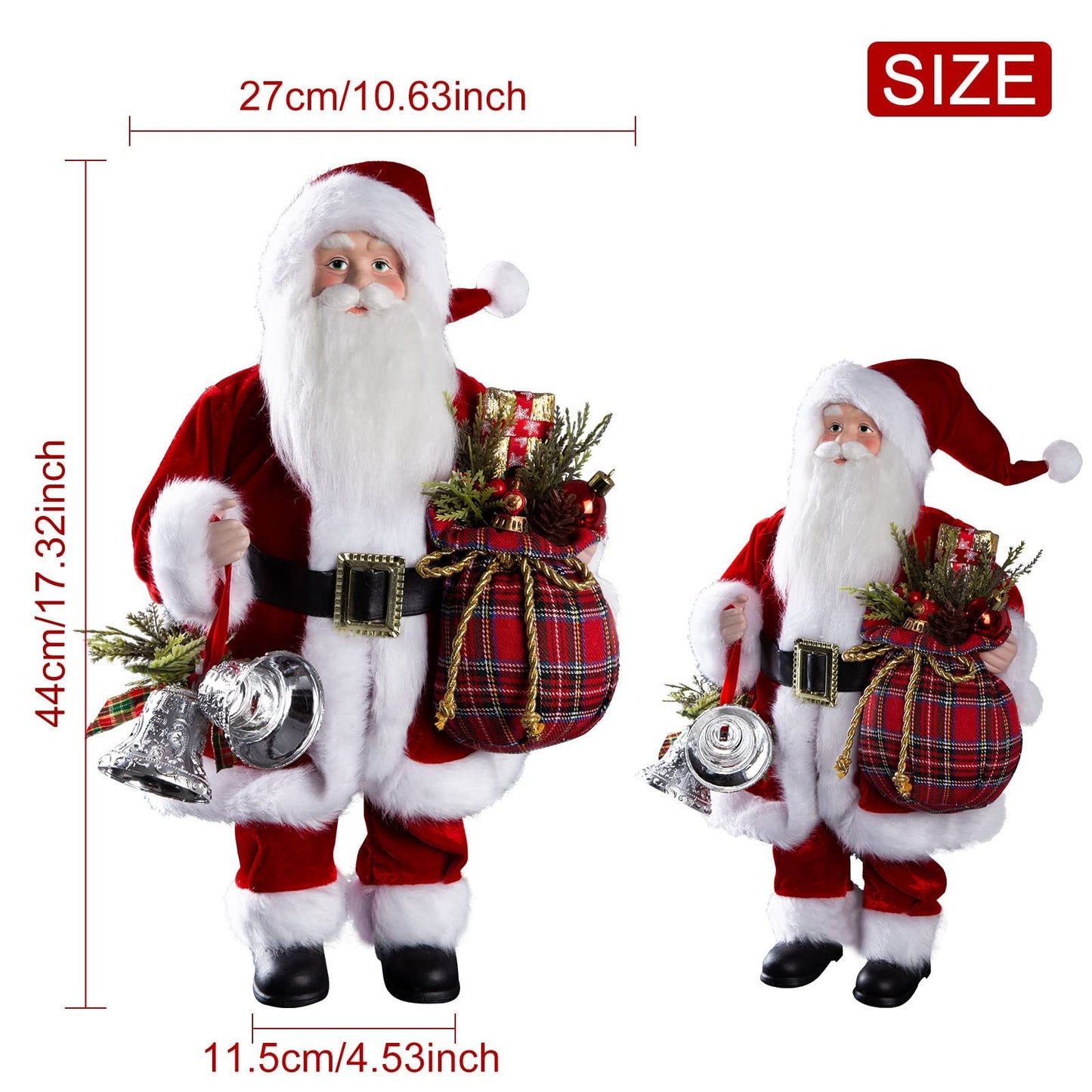 Uten 18'' Santa Claus Decorations, Christmas Standing Figurine Ornaments With Gifts Bag And Bell For New Year Christmas Decorati