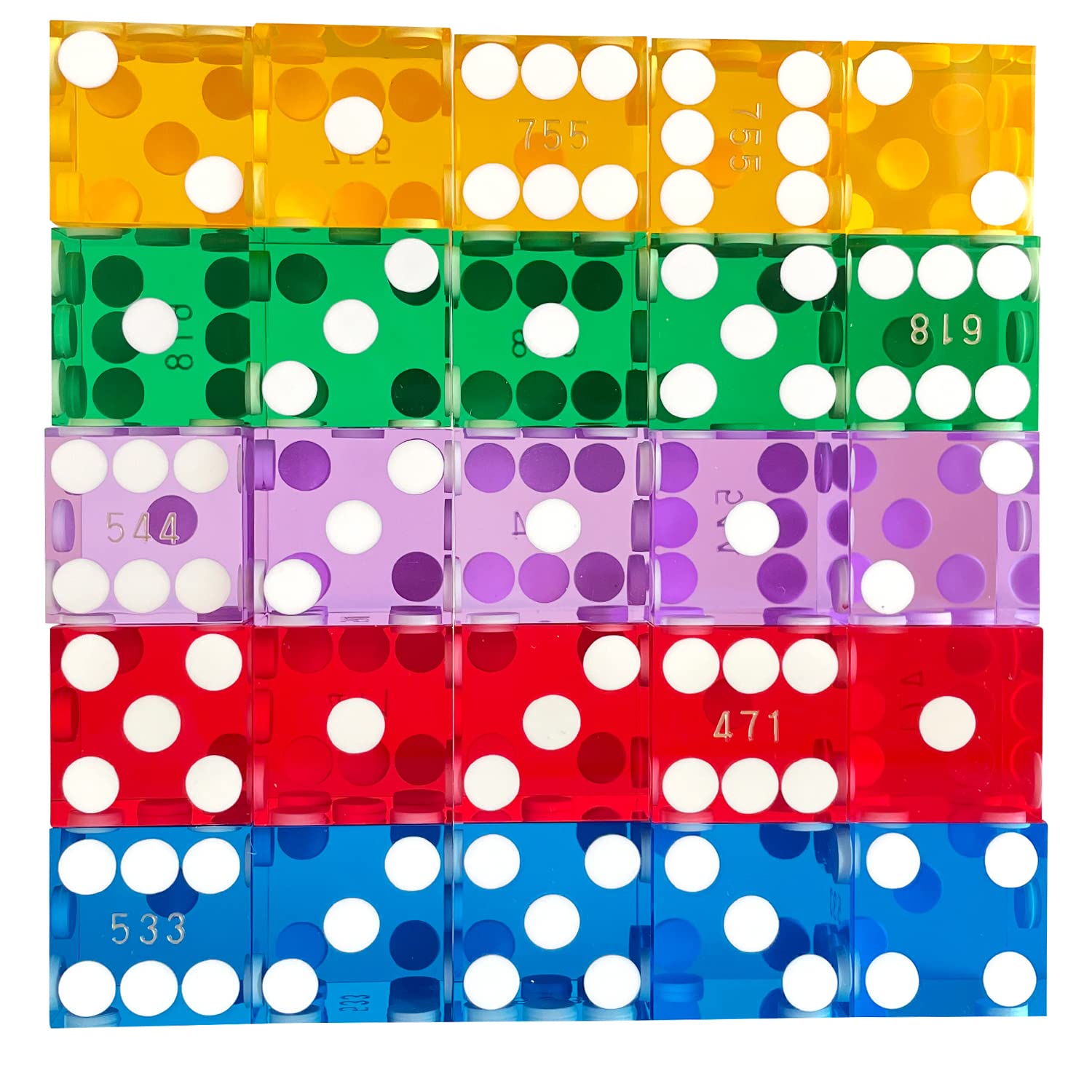 Yuanhe Grade AAA Precision 19mm Serialized Casino Craps Dice Set of 25 with Razor Edges and Corners-Multi-Color-New