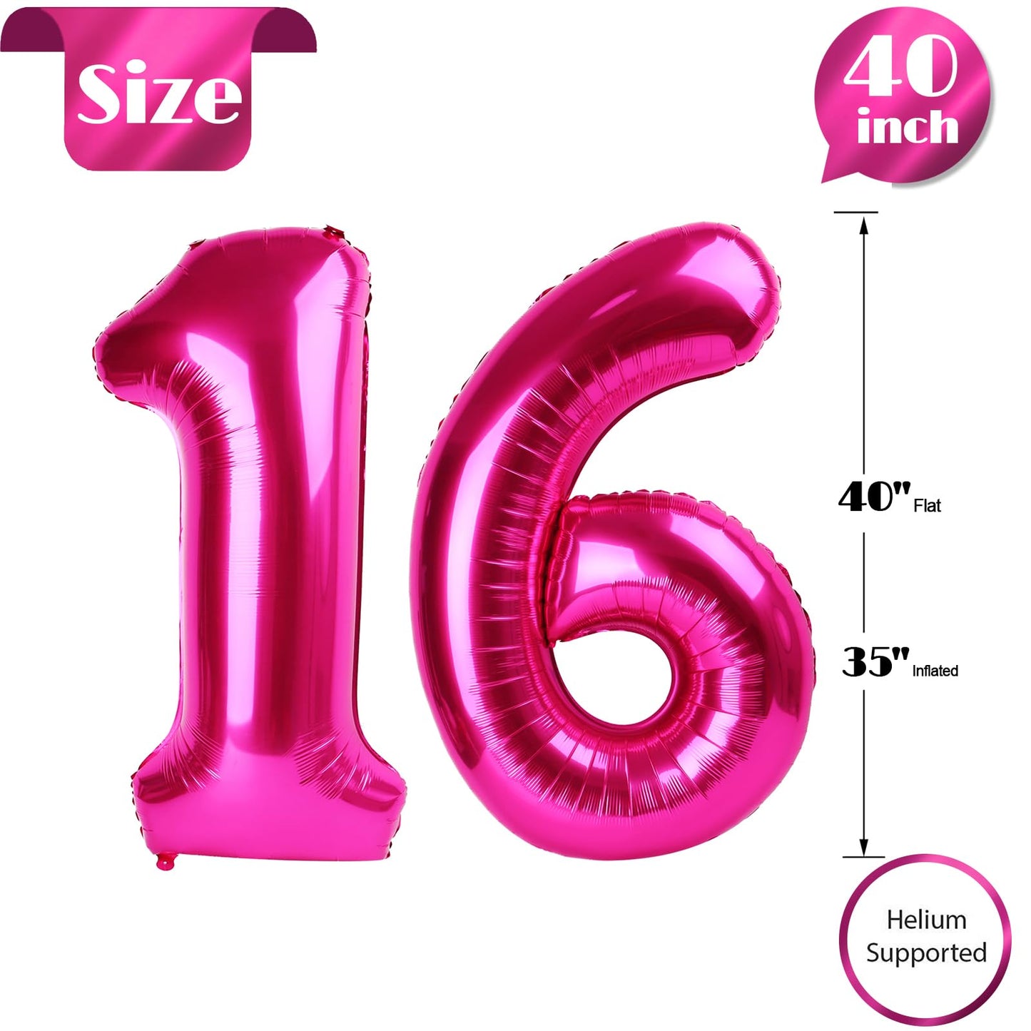 16 Balloon Number, Hot Pink Number 16Th Birthday Balloons 40 Inch, Sweet 16 Years Old Hot Pink Birthday Decorations For Boys Gir