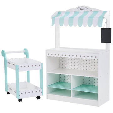 Teamson Kids My Dream Bakery Shop Dessert Stand And Rolling Pastry Cart Interactive Wooden Play Set With 18 Pretend Baked Goods,
