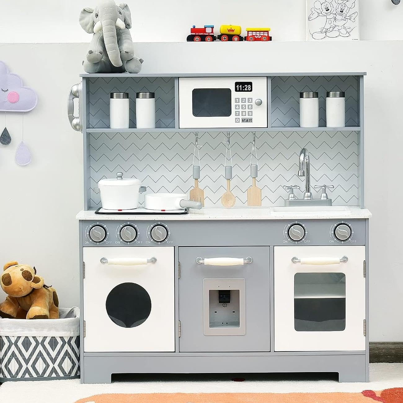 Costzon Kids Kitchen Playset, Wooden Pretend Cooking Playset w/Stove, Fridge, Microwave, Removable Sink, Water Dispenser w/Light
