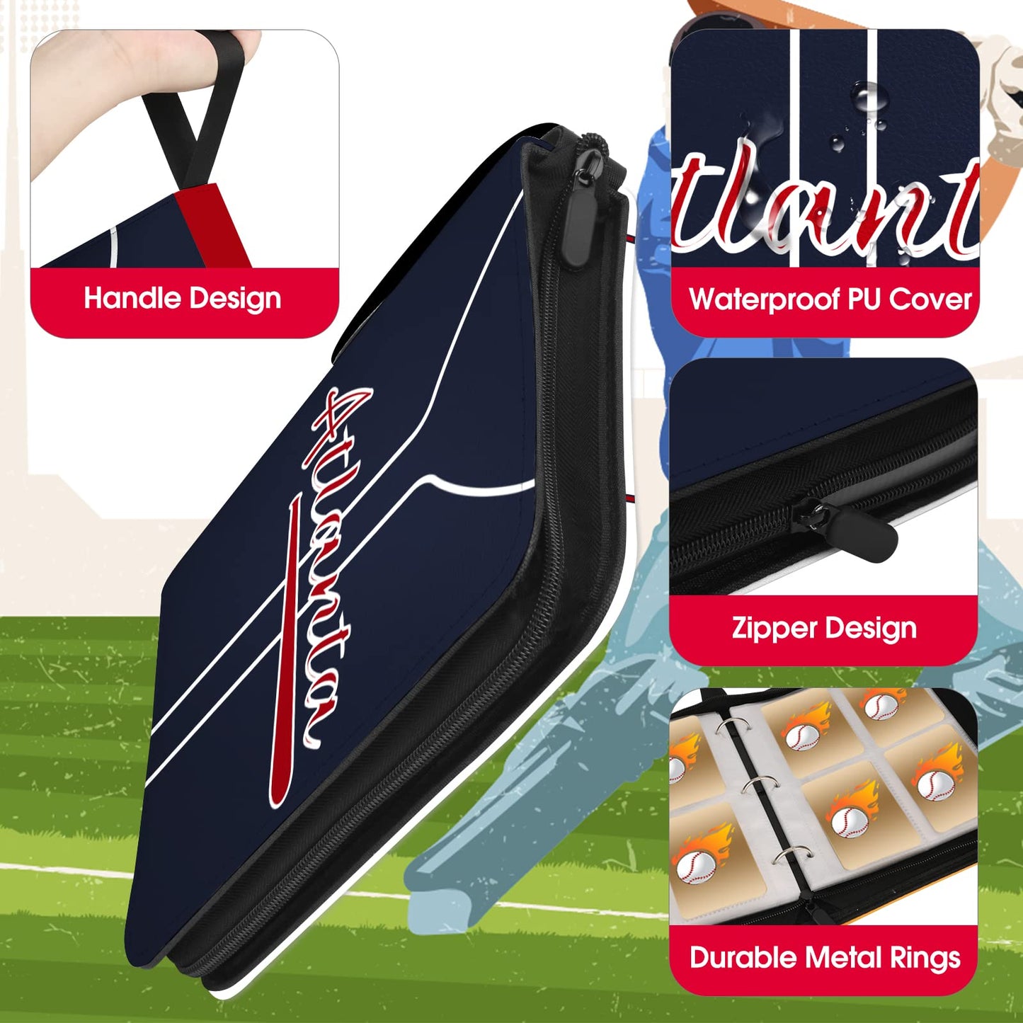 Kivolfun Baseball Card Binder With Sleeves, 400 Pocket, Atlanta Navy, 3 Ring Binder Storage Book Folder Organizer For Kids Gift
