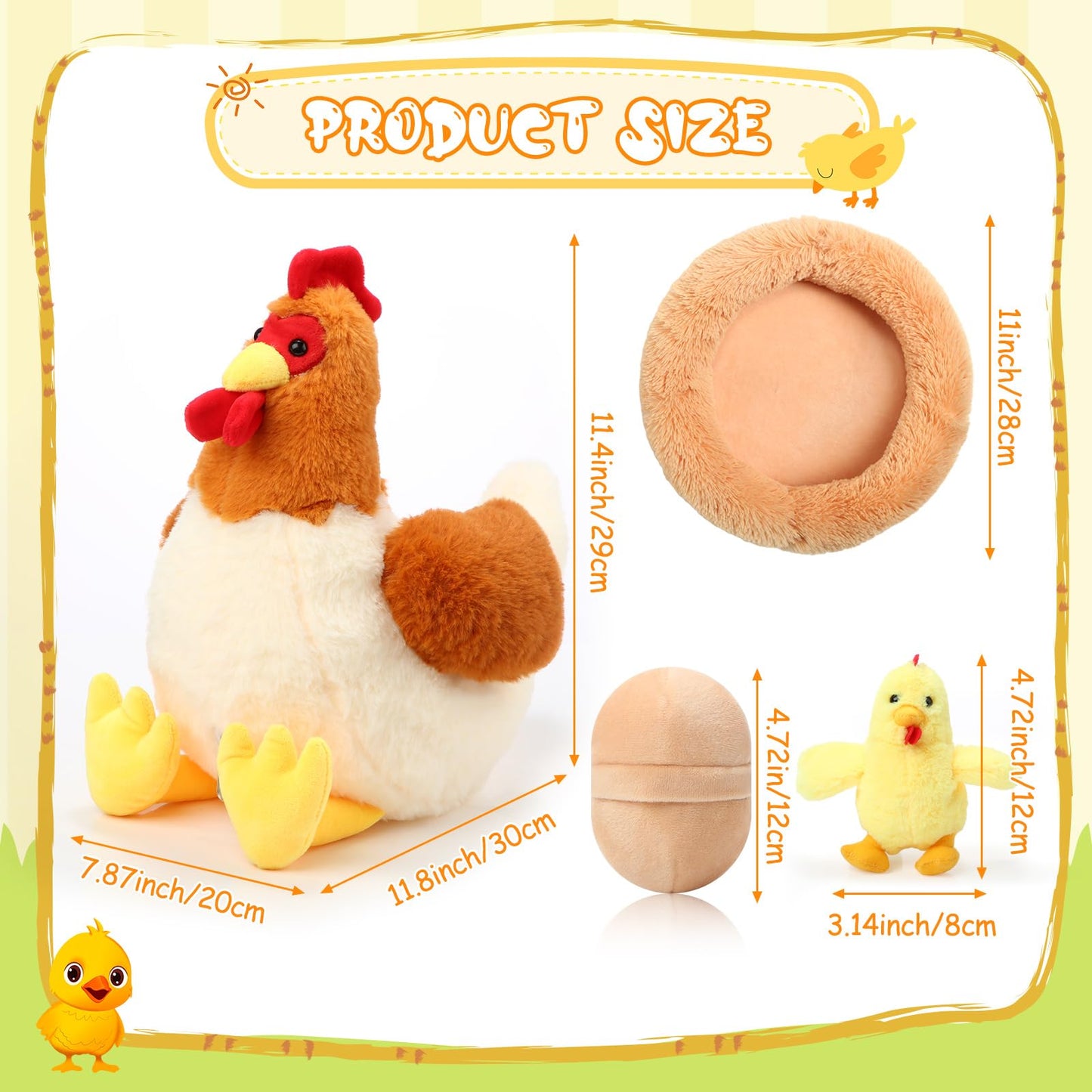 Skylety Chicken Stuffed Animal Plush Chicken Toys Egg Laying Hen With Zippered Belly, Hen House And Little Baby Chicks Stuffed Chicken For Easter Stuffers Party Supplies(Cute Style)