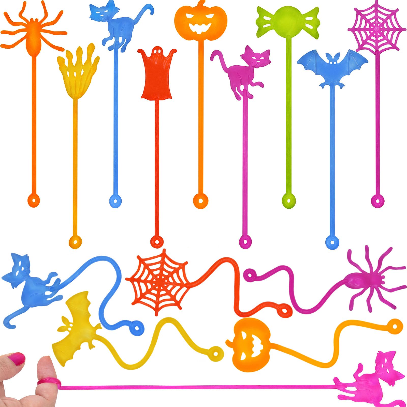 Howzcci 32 Pack Halloween Sticky Hands Toys Spider Web Cat Bat Pumpkin Candy Ghost Sticky Stretchy Toys for Kids Girls Boys Hall