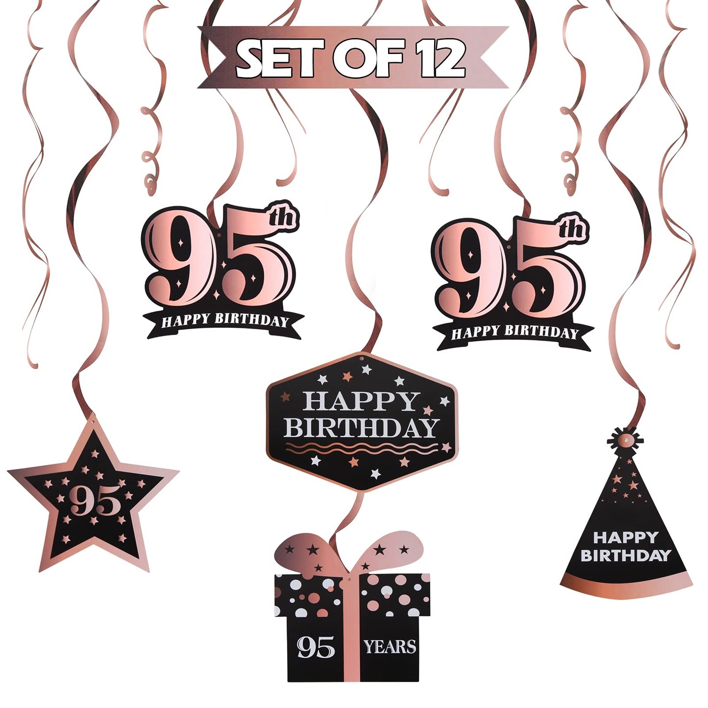 LINGTEER Happy 95th Birthday Rose Gold Swirls Streamers - Cheers to 95th Birthday 95 Years Old Bday Party Hanging Decorations.
