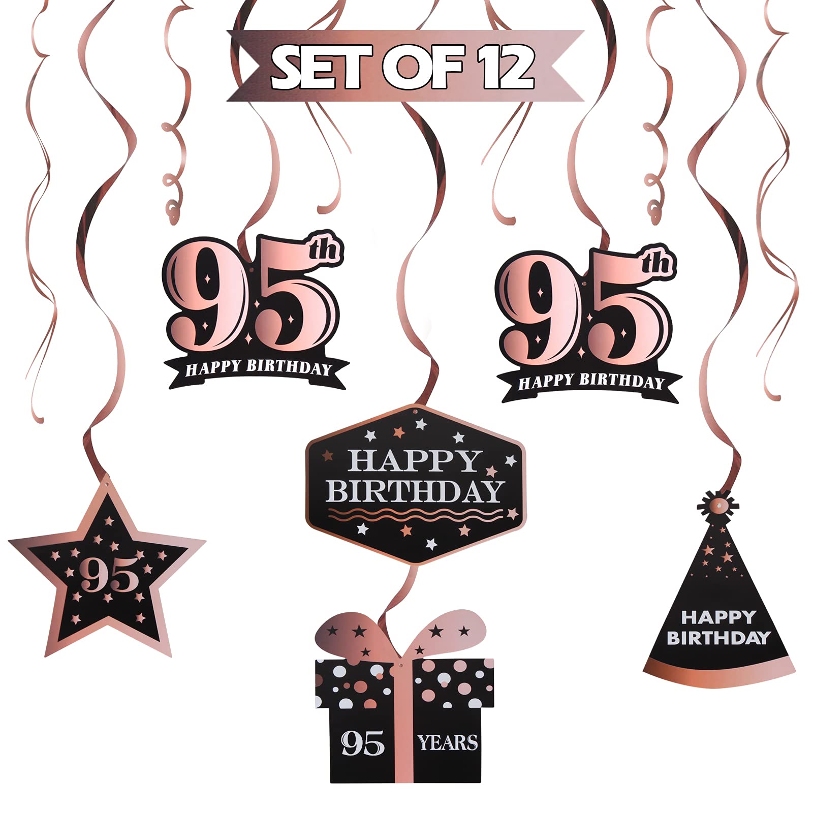 LINGTEER Happy 95th Birthday Rose Gold Swirls Streamers - Cheers to 95th Birthday 95 Years Old Bday Party Hanging Decorations.