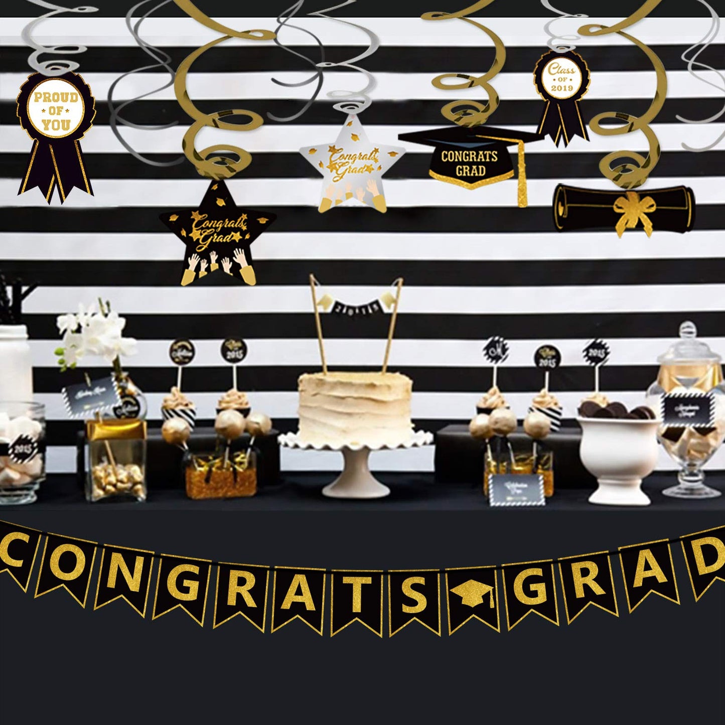 Graduation Hanging Swirl Banner Decorations, Black Gold Silver Star Banner Garland Party Supplies For Class Of 2025