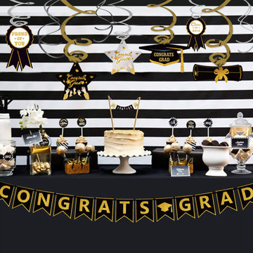 Graduation Hanging Swirl Banner Decorations, Black Gold Silver Star Banner Garland Party Supplies For Class Of 2025