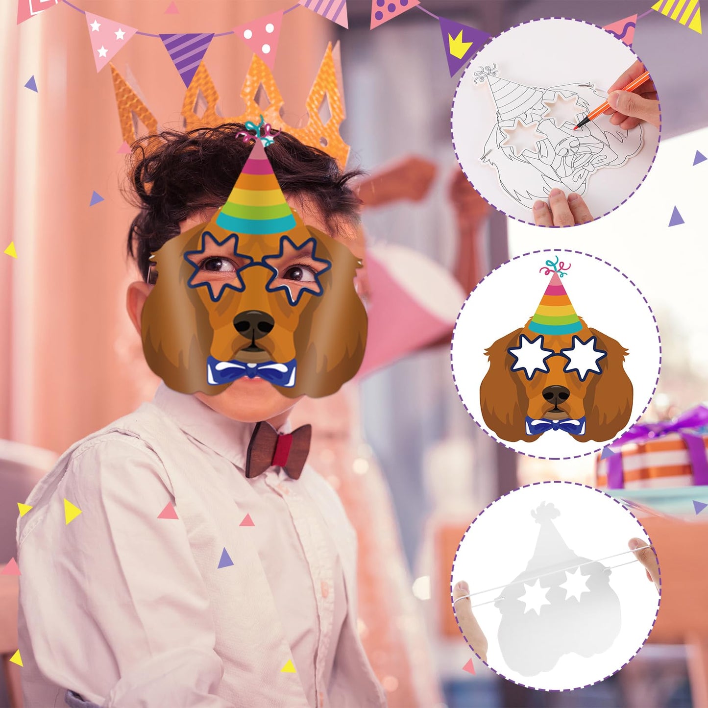 Lenwen 16 Set Animal DIY Masks Dog Coloring Dog Party with 24 Pcs Watercolor Pen Blank Jungle Animal Unpainted Masks for Kid Bir