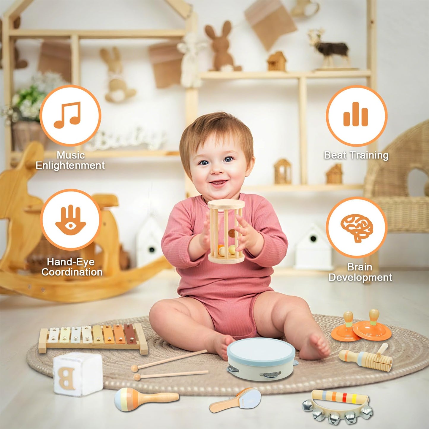 Musical Instruments Set for Toddlers 1-3  Montessori Wooden Toys for Kids Girls Boys-Xylophone Tambourine Maracas  Baby 18+Months Birthday Percussion Music Gift Preschool Educational with Storage Bag
