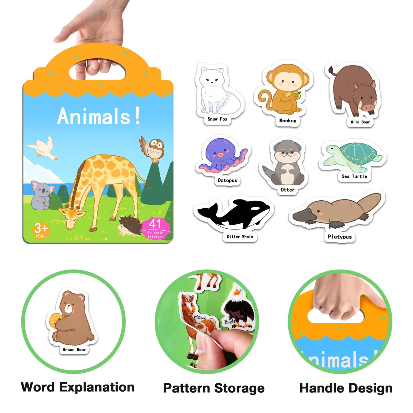 Newest Animals Sticker Book For Kids 2-4,Reusable Jelly Stciekr Activity Book For Kids,Birthday Party Gift Removable &Washable C