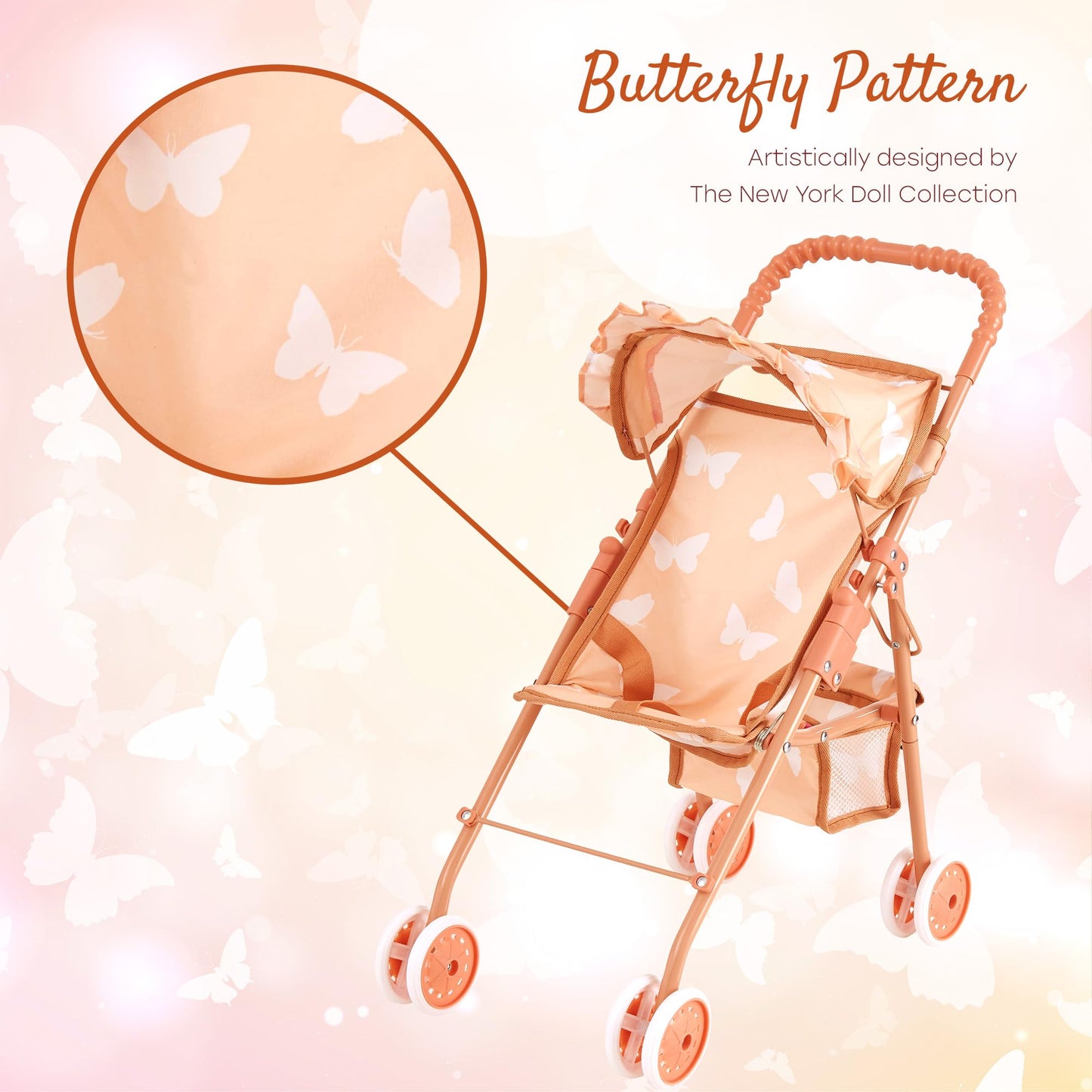 The New York Doll Collection Baby Doll Stroller for Toddlers, Foldable with Canopy, Beige Butterfly, Includes Storage Basket and Seatbelt