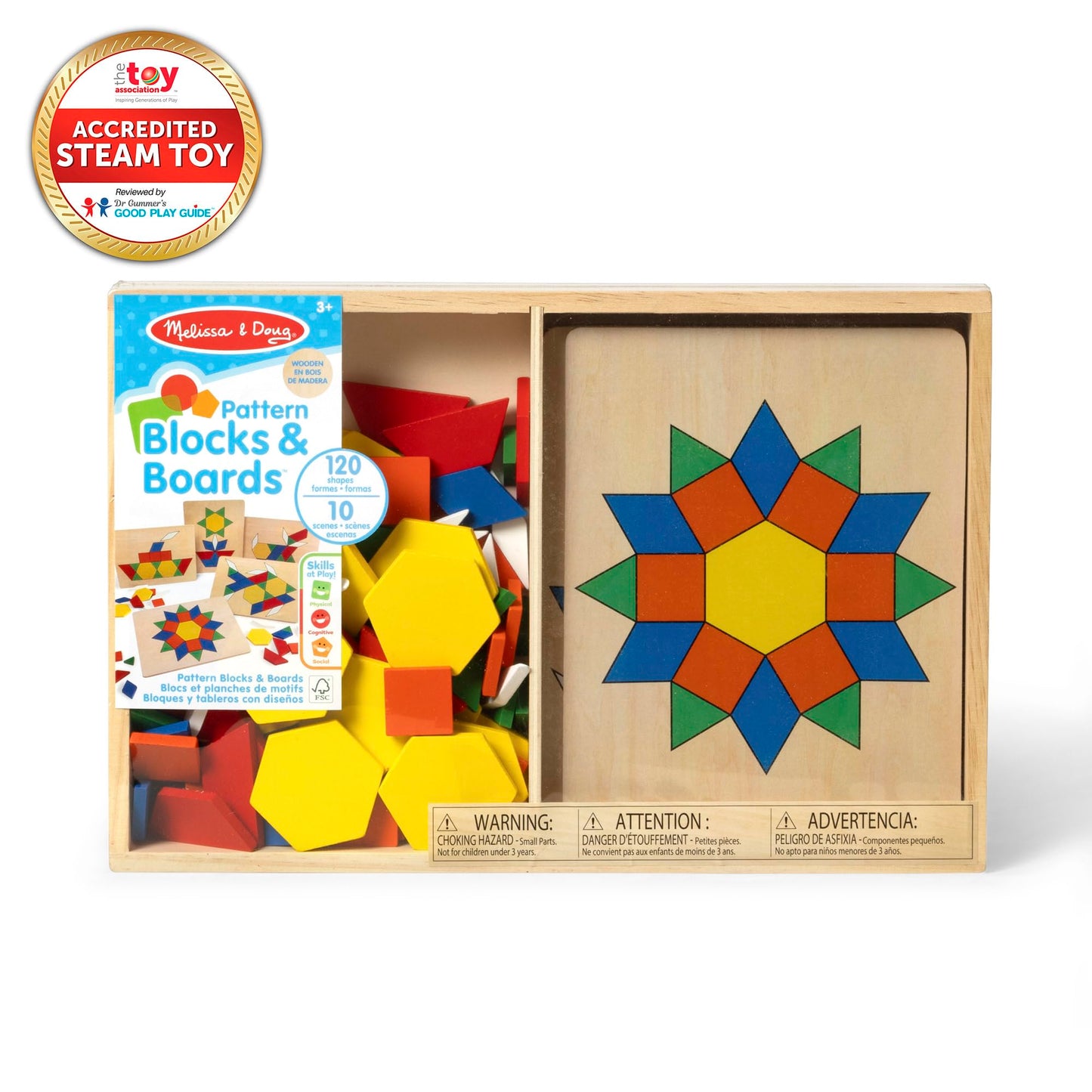 Melissa & Doug Pattern Blocks and Boards - Classic Toy With 120 Solid Wood Shapes and 5 Double-Sided Panels