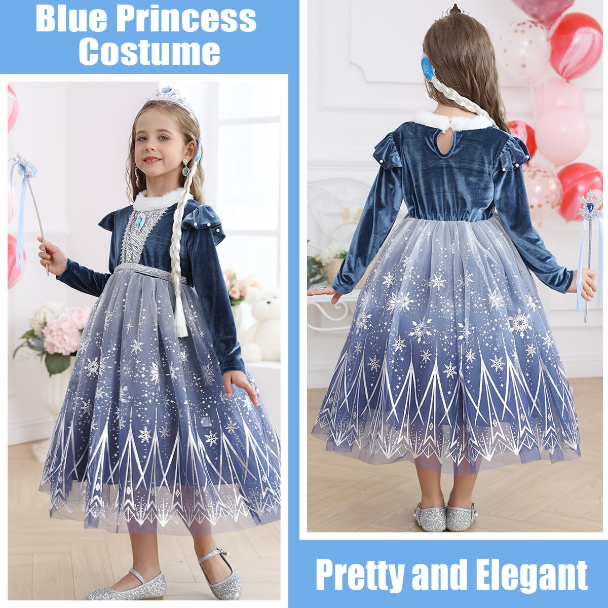 Luzlen Girls Elsa Costume Snow Princess Dress Up Blue Halloween Party Cosplay Outfits With Accessories, 4-5T(Tag 120)