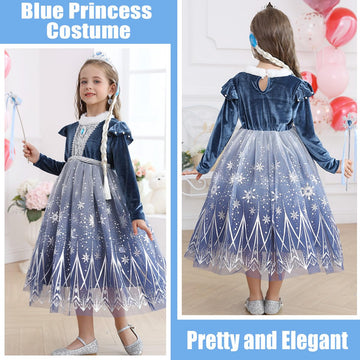 Luzlen Girls Elsa Costume Snow Princess Dress Up Blue Halloween Party Cosplay Outfits With Accessories, 4-5T(Tag 120)