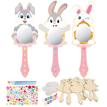 Fennoral 9 Pack Wooden Easter Bunny Craft For Kids Decorate You Own Bunny Mirrors For Girls Diy Paint Hand Mirror For Easter Art