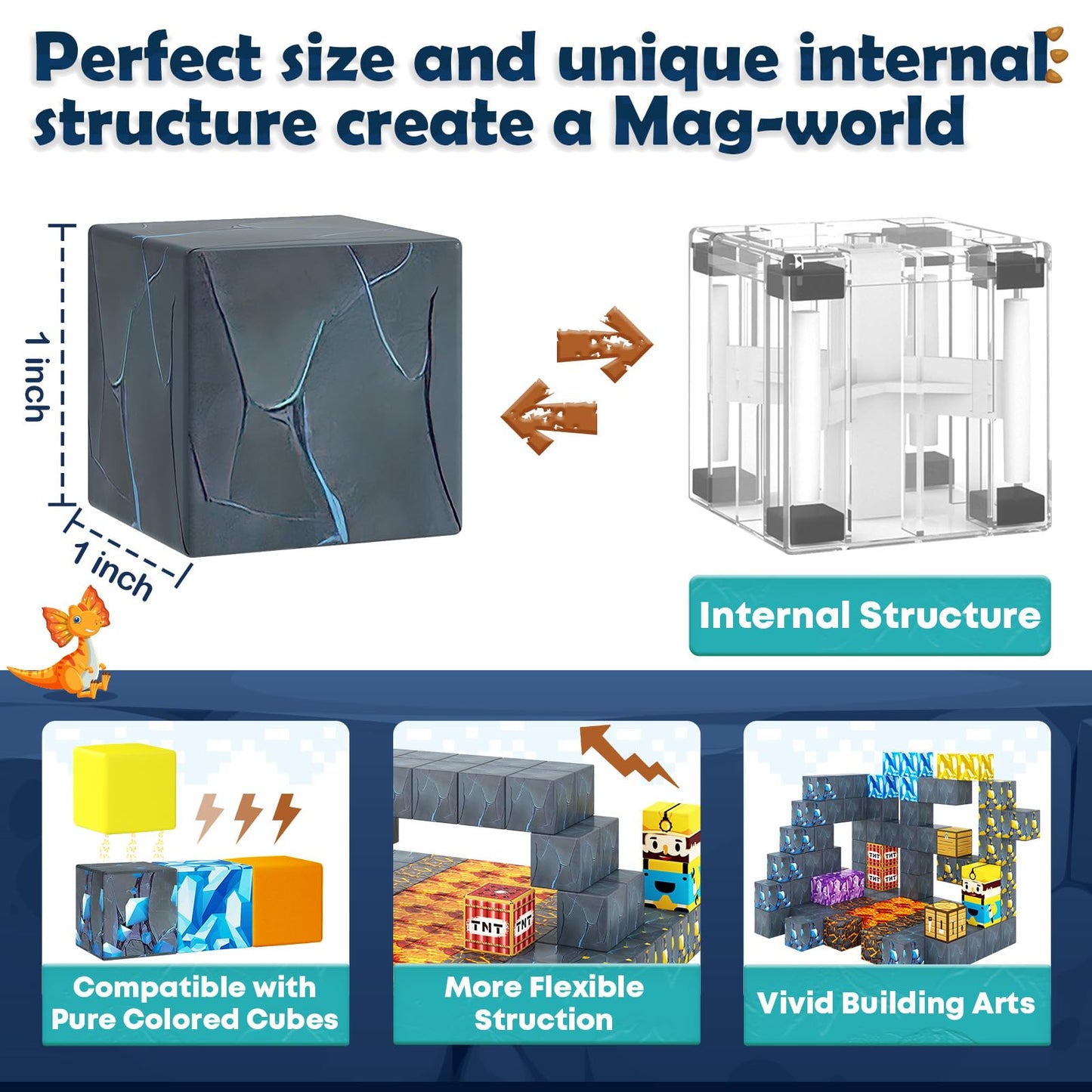 100PCS Magnetic Blocks-Build Mine Magnet World Jurassic decorative replica blade Dinosaur Toys Building Blocks for Boys Girls Ages 3-5 5-7  Classroom Must Haves Stem Education Sensory Kids Toys Christmas Birthday Gifts