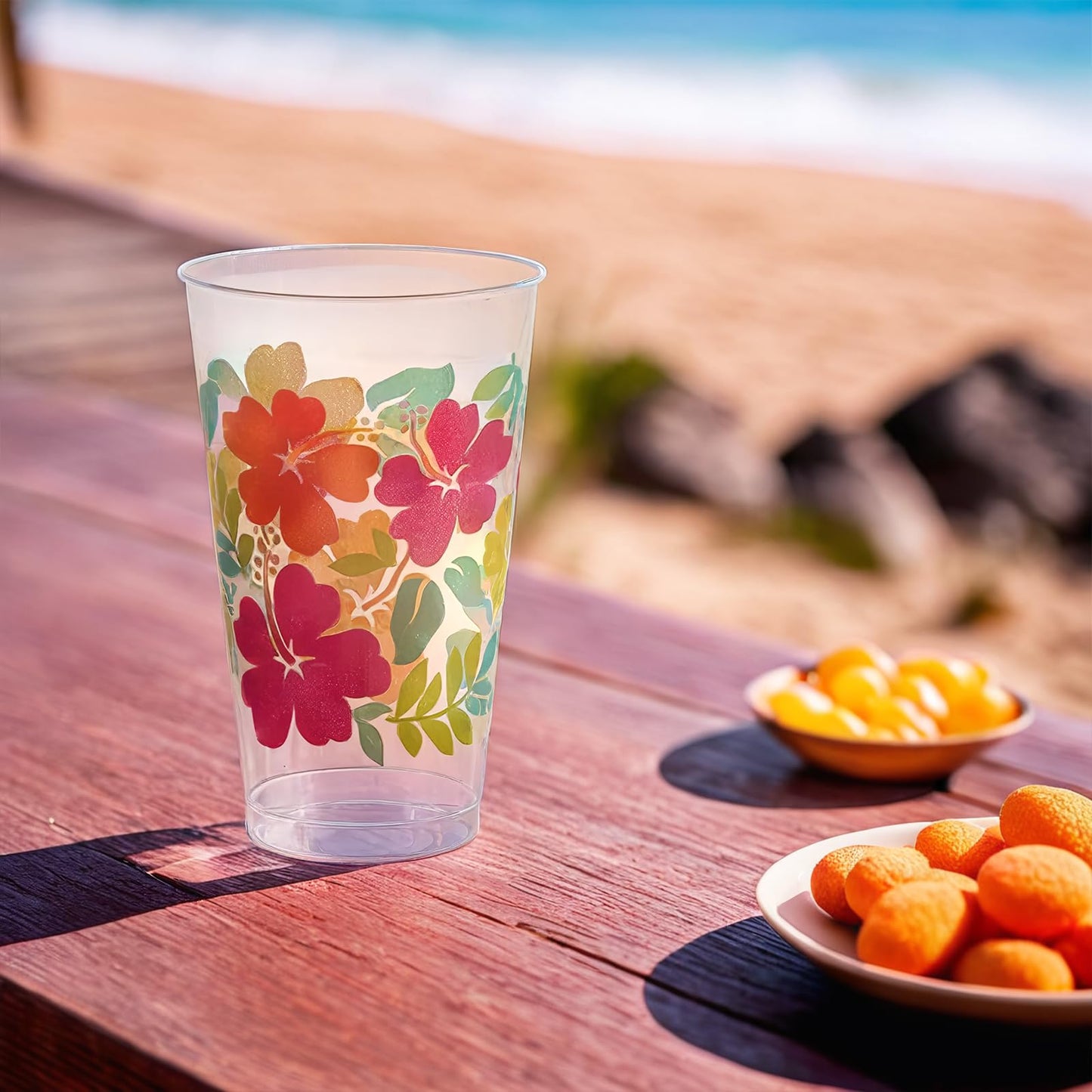 Clear With Multicolor Hibiscus Print Plastic Tumblers - 16 Oz (Pack Of 26) - Perfect For Parties & Tropical-Themed Events