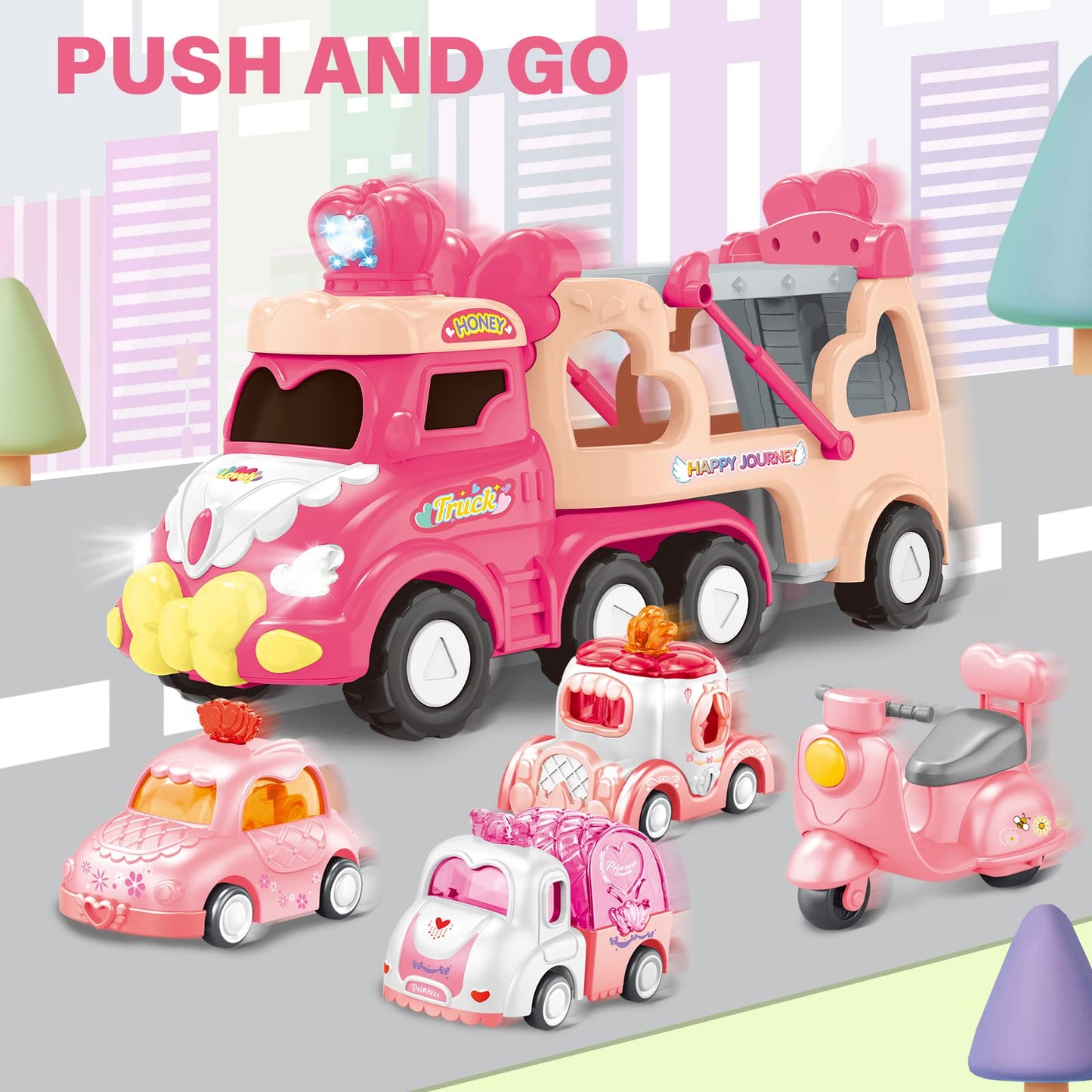 seveclotree 9 in 1 Carrier Truck Cars Toys for Girls Toddlers,Pink Princess Girl Car with Light and Sound,Toddler Girl Toys Age