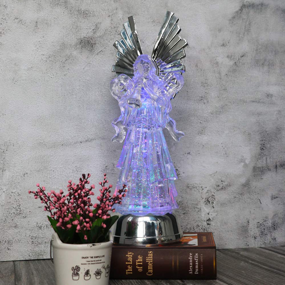 Eldnacele 14" Christmas Snow Globe - Battery Operated Color Changing Angel Figurine with Trumpet for Tabletop Decoration, Model AG001-H
