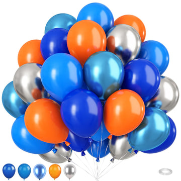 Blue And Orange Balloons, 50 Pcs 12 Inch Orange Royal Blue Metallic Silver Balloons With Ribbons For Birthday Party Wedding Baby