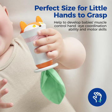 Evoceler Baby Rattles Shaker Toy - Fox with Tinkle Sounds & Green Fabric Tail, Silicone Soft Infant Tummy Time Toys with Texture