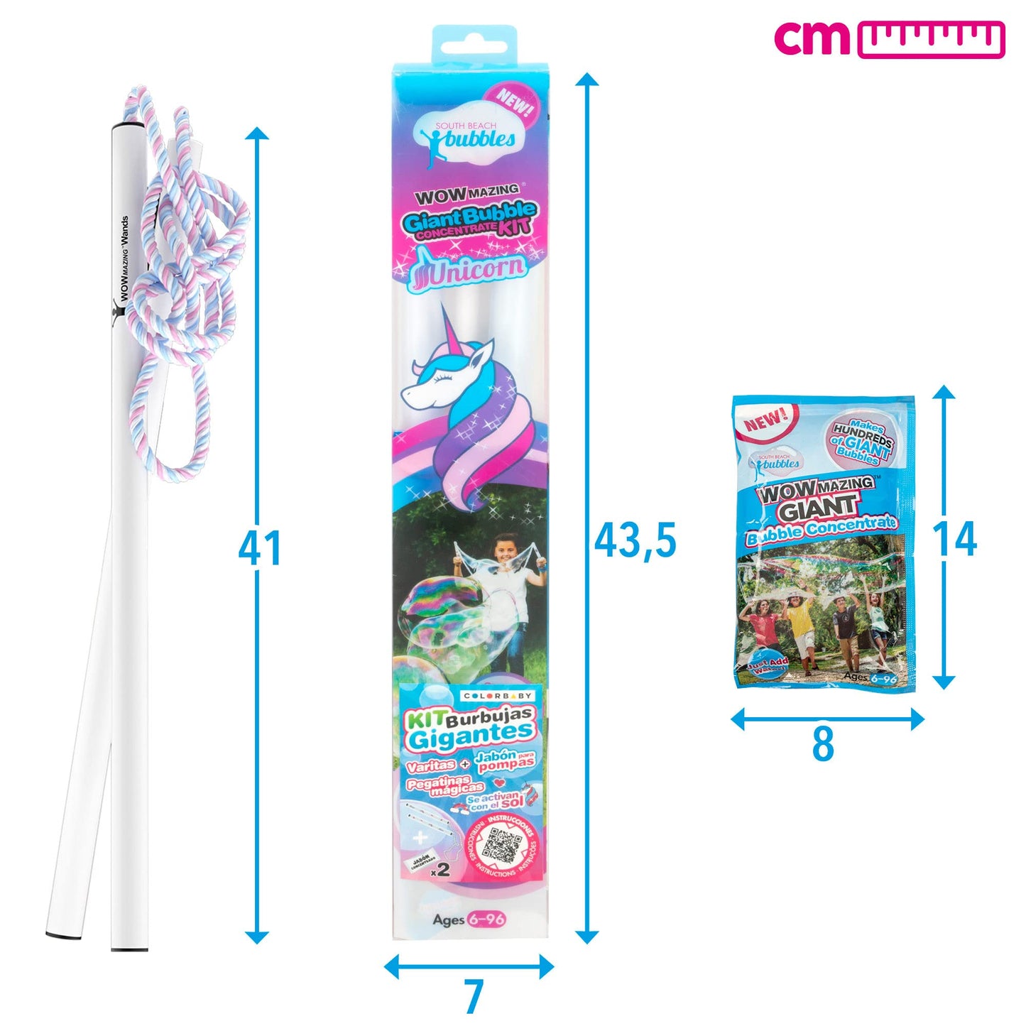Wowmazing Giant Bubble Kit: Unicorn - Incl. Wand, 2 Big Bubble Concentrate Pouches And 8 Sun-Activated Magical Stickers | Outdoo